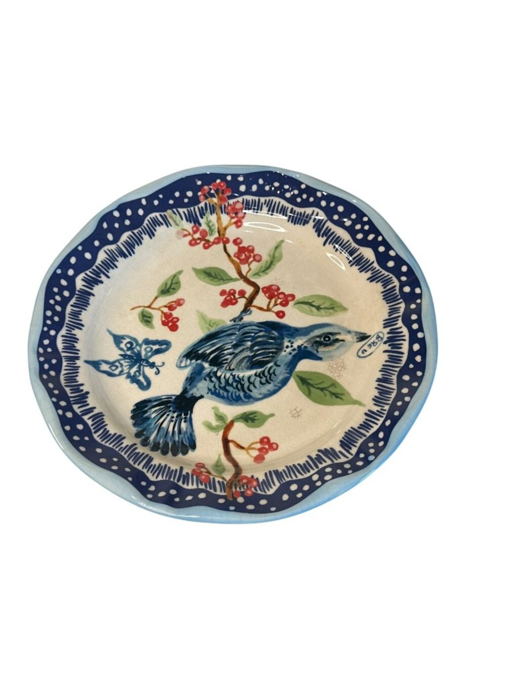 Anthropologie Nathalie Lete French Country Dinner Plate Blue Burd Butterfly Flaw
